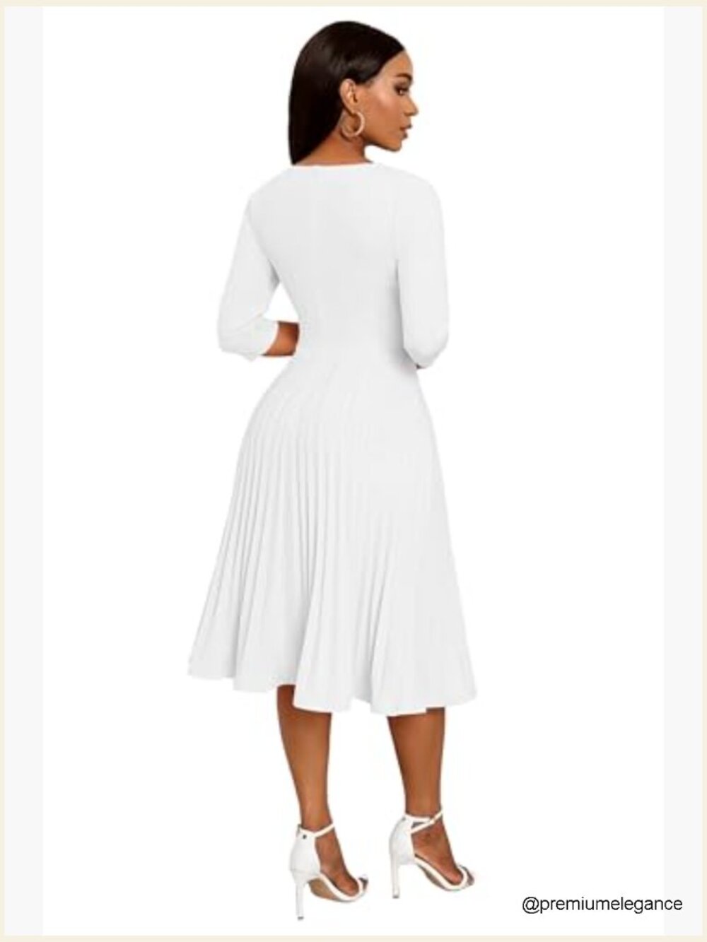 Midi Dress 3/4 Sleeve V-Neck A-Line Pleated Cocktail Wedding Guest - Picture 4 of 7